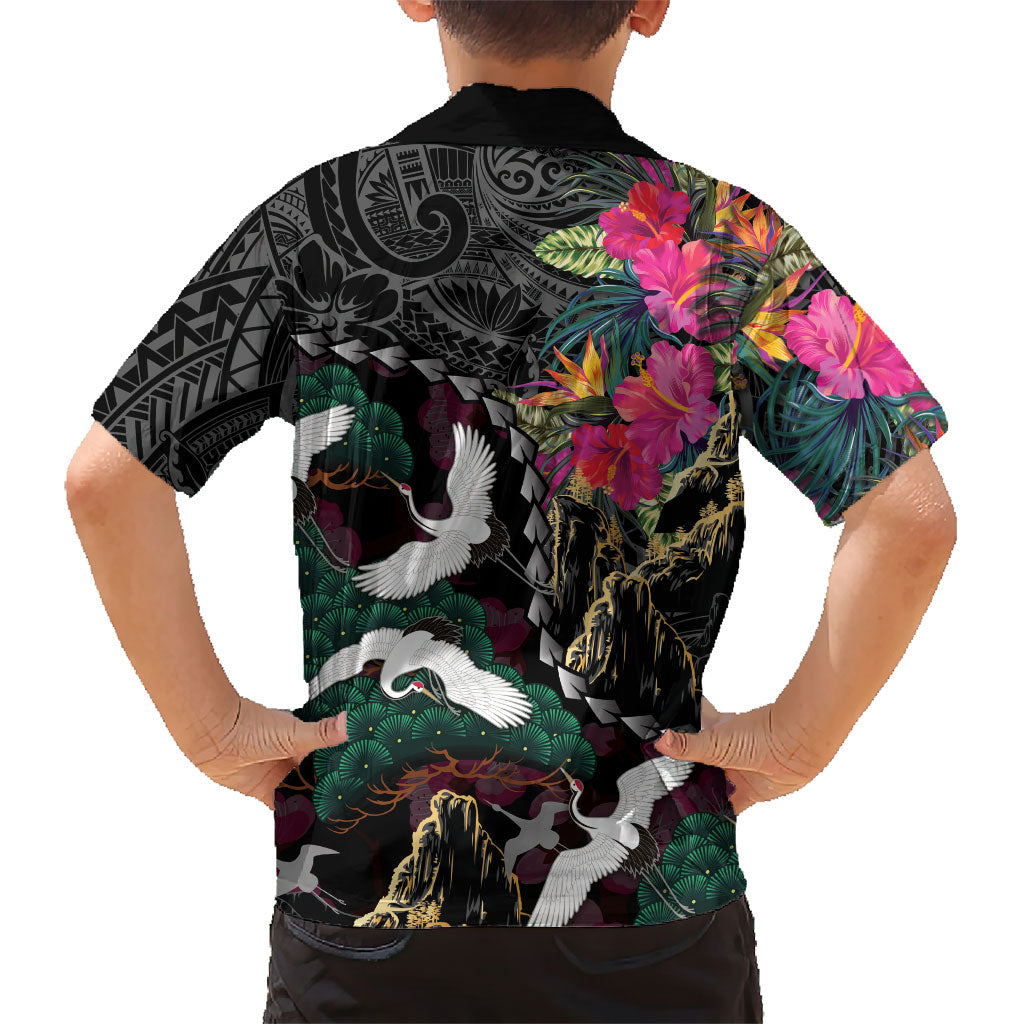 Hawaiian and Japanese Culture Family Matching Off Shoulder Maxi Dress and Hawaiian Shirt Crane Sakura Hibiscus Tropical Vibes LT14 - Polynesian Pride