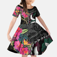 Hawaiian and Japanese Culture Family Matching Off Shoulder Maxi Dress and Hawaiian Shirt Crane Sakura Hibiscus Tropical Vibes LT14 Daughter's Dress Black - Polynesian Pride