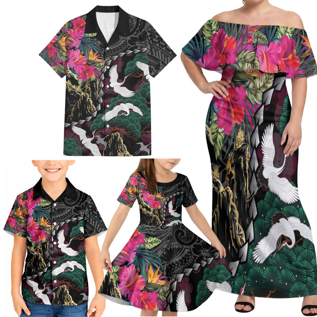 Hawaiian and Japanese Culture Family Matching Off Shoulder Maxi Dress and Hawaiian Shirt Crane Sakura Hibiscus Tropical Vibes LT14 - Polynesian Pride