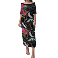 Hawaiian and Japanese Culture Family Matching Puletasi and Hawaiian Shirt Crane Sakura Hibiscus Tropical Vibes LT14 Mom's Dress Black - Polynesian Pride