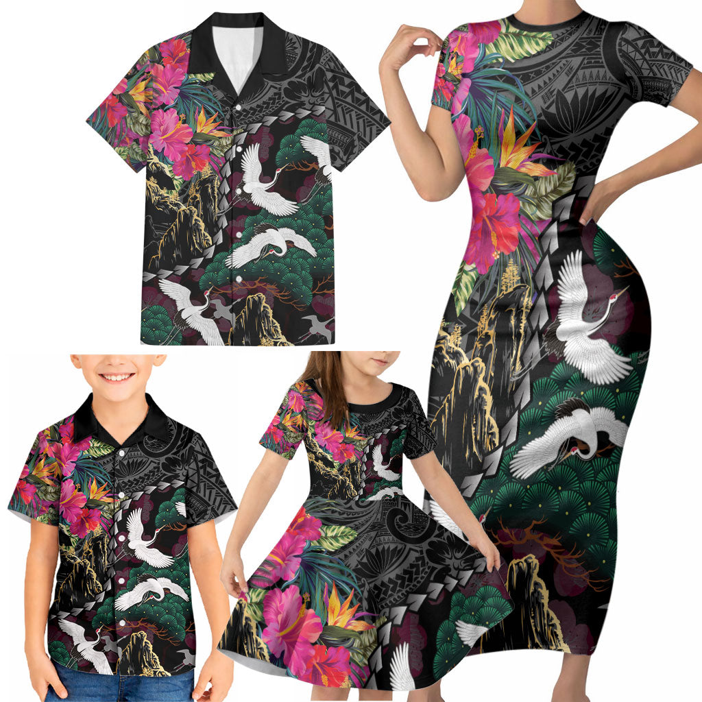 Hawaiian and Japanese Culture Family Matching Short Sleeve Bodycon Dress and Hawaiian Shirt Crane Sakura Hibiscus Tropical Vibes LT14 - Polynesian Pride