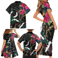 Hawaiian and Japanese Culture Family Matching Short Sleeve Bodycon Dress and Hawaiian Shirt Crane Sakura Hibiscus Tropical Vibes LT14 - Polynesian Pride