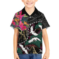 Hawaiian and Japanese Culture Family Matching Short Sleeve Bodycon Dress and Hawaiian Shirt Crane Sakura Hibiscus Tropical Vibes LT14 Son's Shirt Black - Polynesian Pride