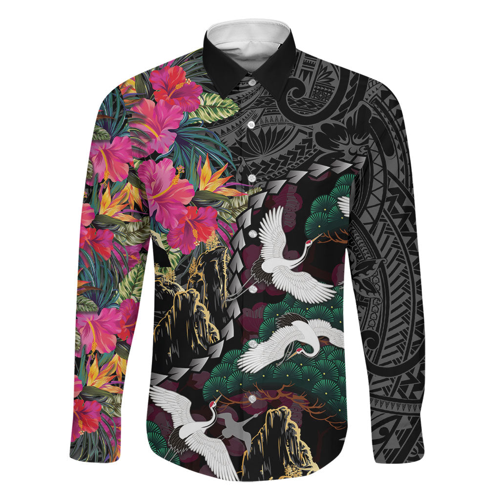 Hawaiian and Japanese Culture Family Matching Summer Maxi Dress and Hawaiian Shirt Crane Sakura Hibiscus Tropical Vibes LT14 Dad's Shirt - Long Sleeve Black - Polynesian Pride