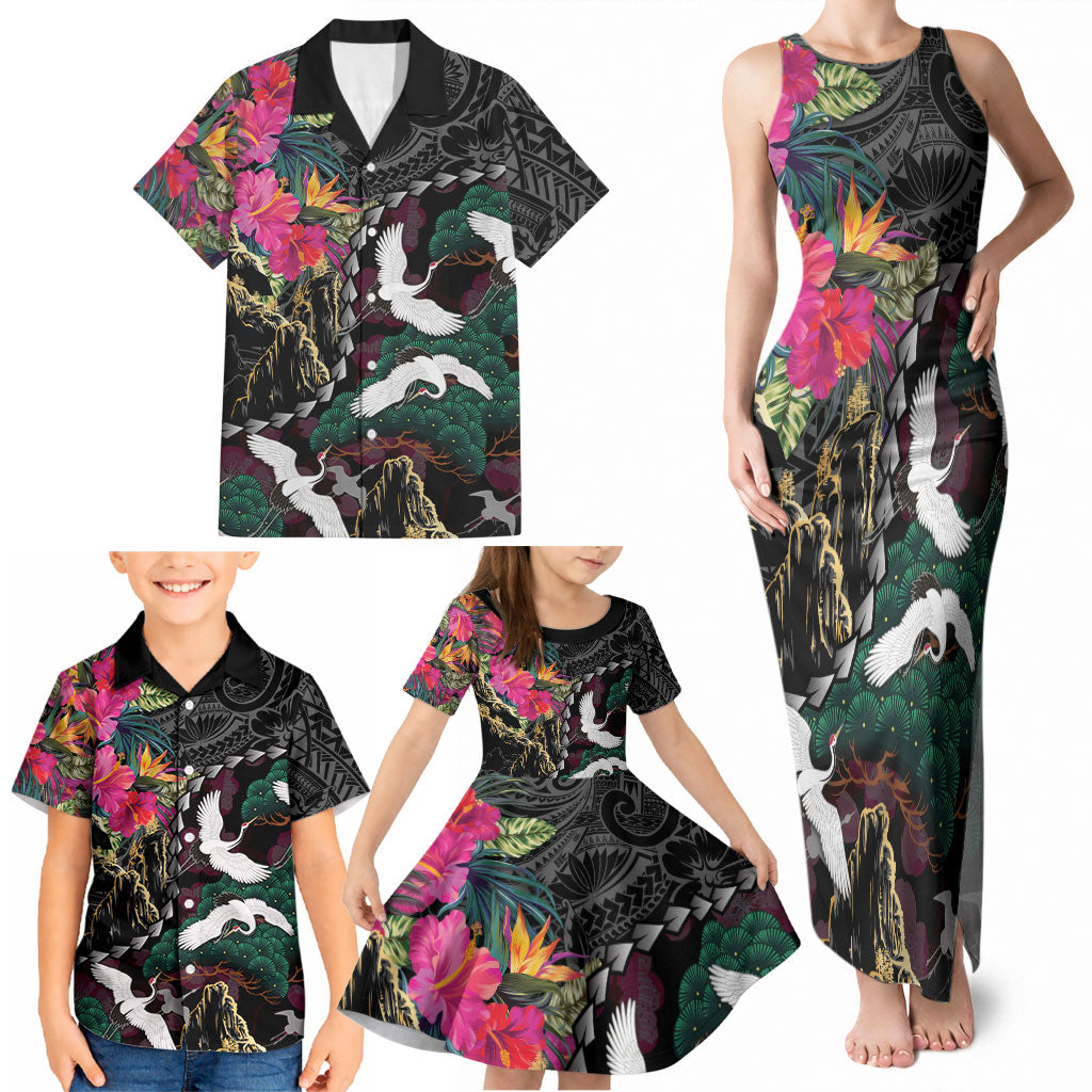 Hawaiian and Japanese Culture Family Matching Tank Maxi Dress and Hawaiian Shirt Crane Sakura Hibiscus Tropical Vibes LT14 - Polynesian Pride