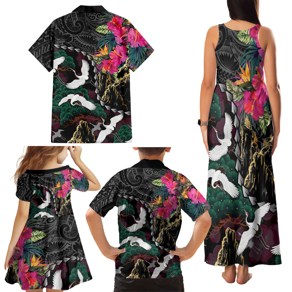 Hawaiian and Japanese Culture Family Matching Tank Maxi Dress and Hawaiian Shirt Crane Sakura Hibiscus Tropical Vibes LT14 - Polynesian Pride