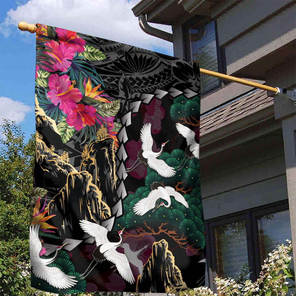 Hawaiian and Japanese Culture Garden Flag Crane Sakura Hibiscus Tropical Vibes