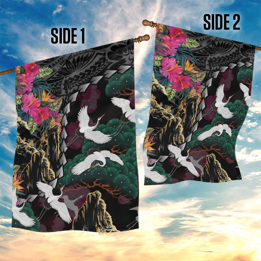 Hawaiian and Japanese Culture Garden Flag Crane Sakura Hibiscus Tropical Vibes