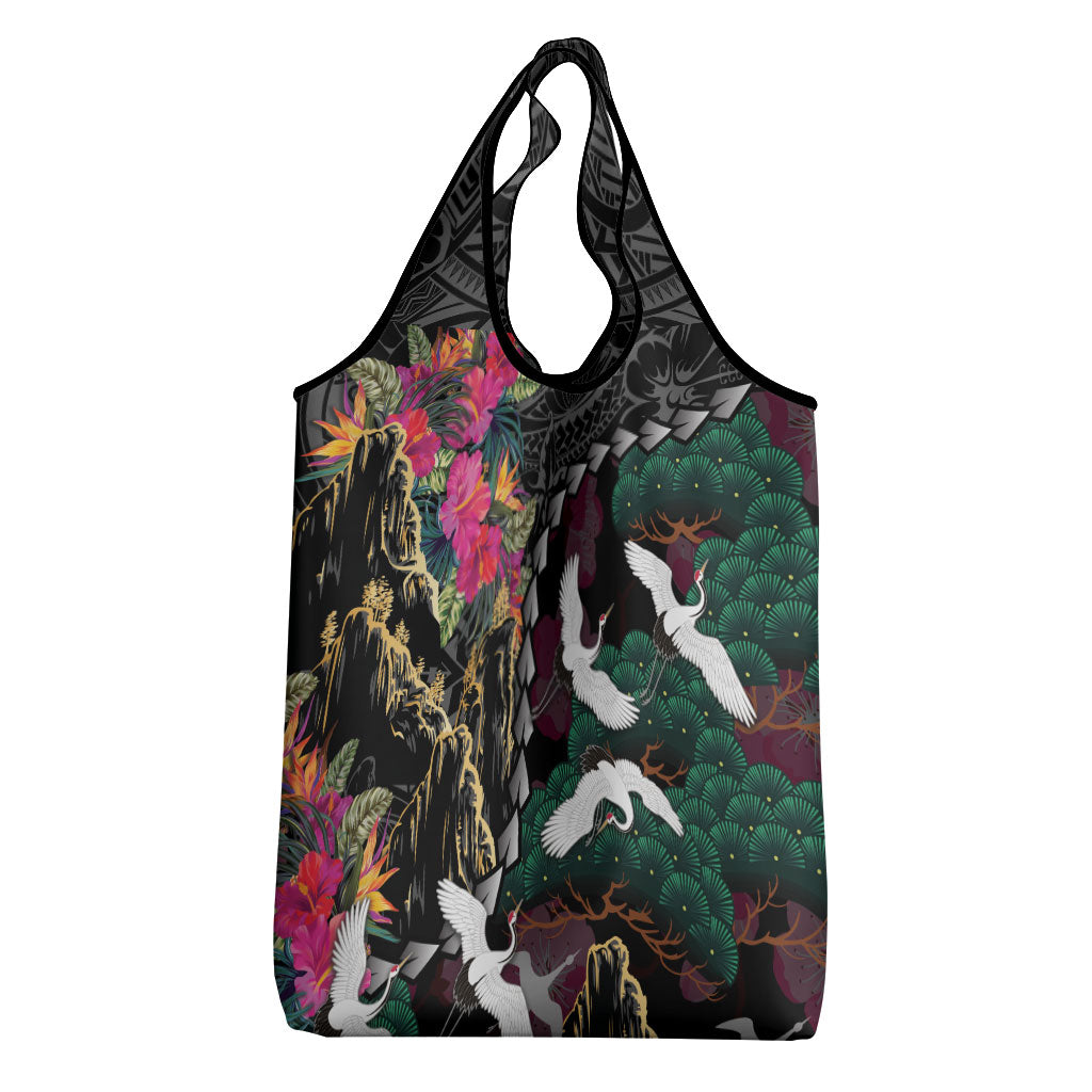 Hawaiian and Japanese Culture Grocery Bag Crane Sakura Hibiscus Tropical Vibes