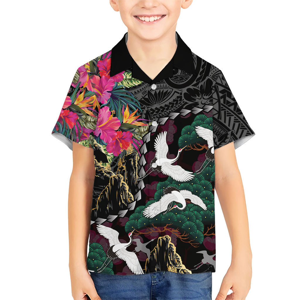 Hawaiian and Japanese Culture Hawaiian Shirt Crane Sakura Hibiscus Tropical Vibes