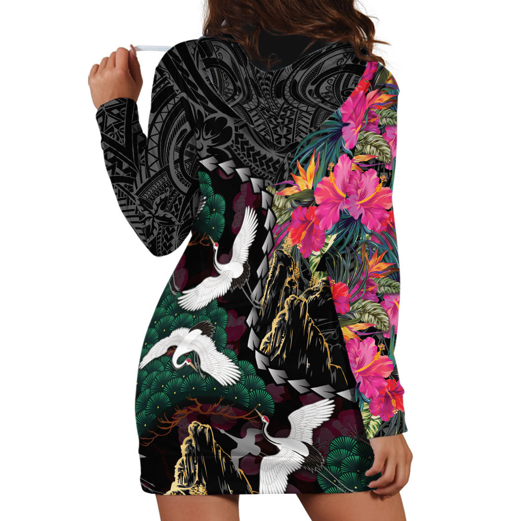 Hawaiian and Japanese Culture Hoodie Dress Crane Sakura Hibiscus Tropical Vibes