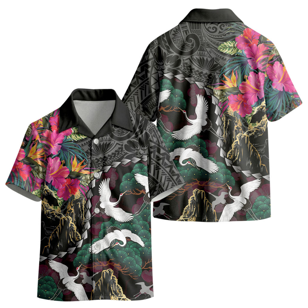 Hawaiian and Japanese Culture Kid Hawaiian Shirt Crane Sakura Hibiscus Tropical Vibes LT14 - Polynesian Pride
