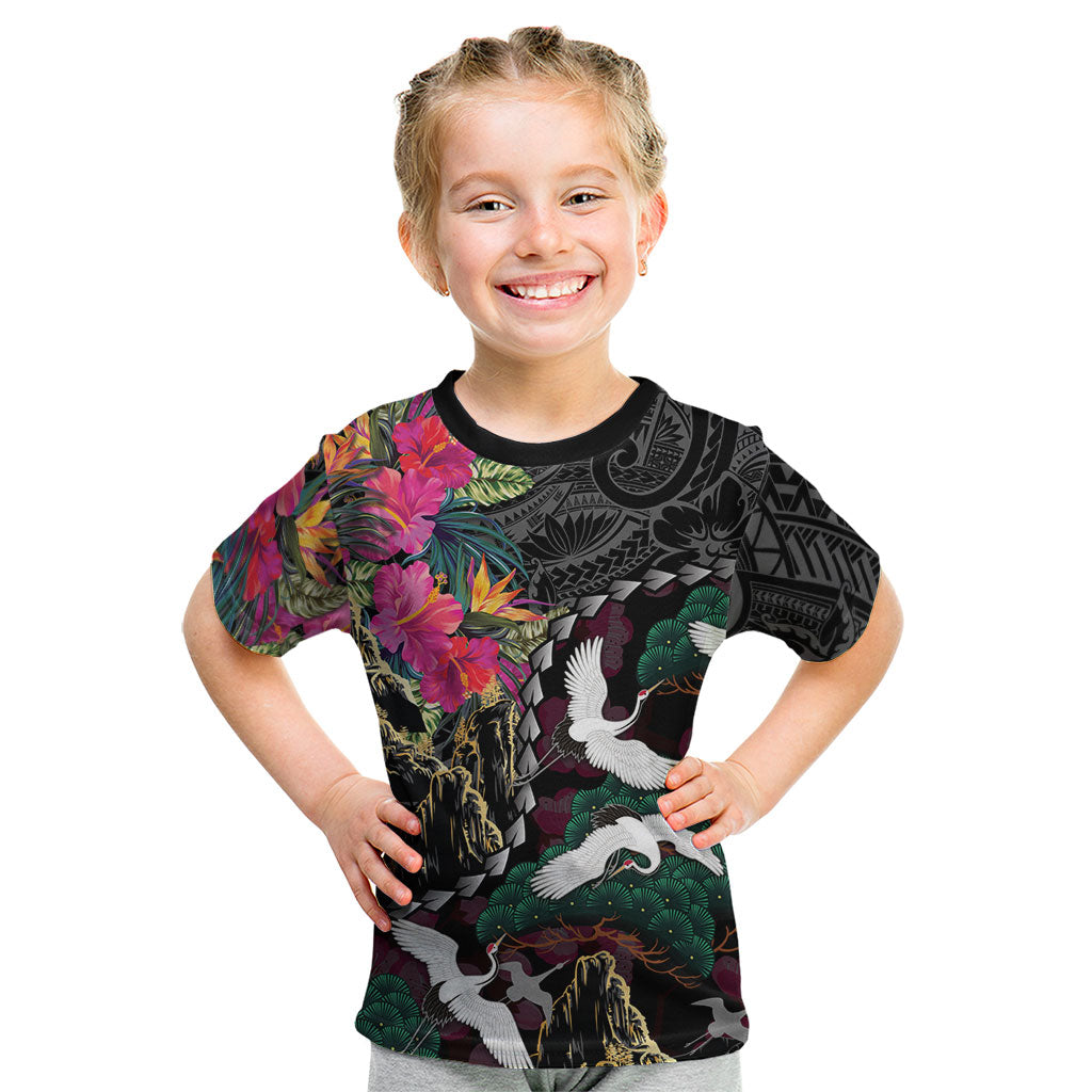 Hawaiian and Japanese Culture Kid T Shirt Crane Sakura Hibiscus Tropical Vibes