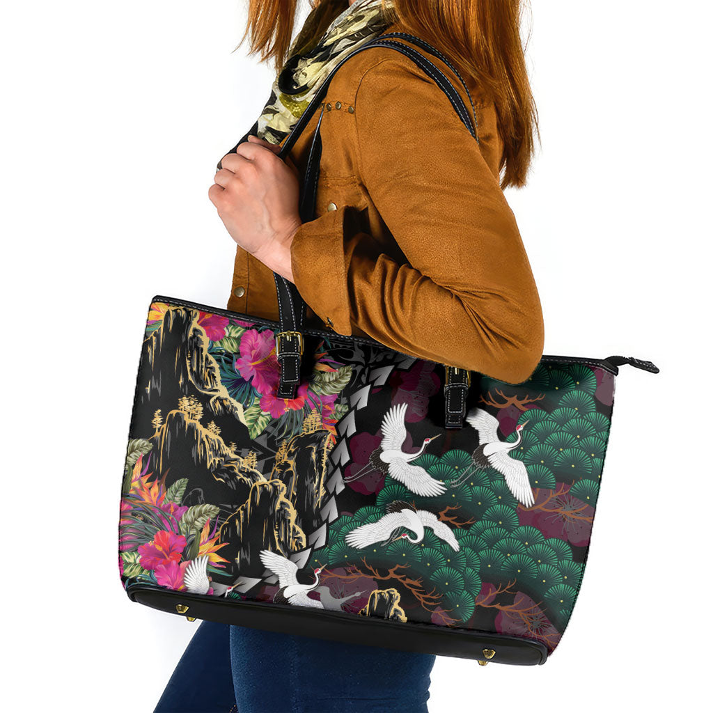 Hawaiian and Japanese Culture Leather Tote Bag Crane Sakura Hibiscus Tropical Vibes