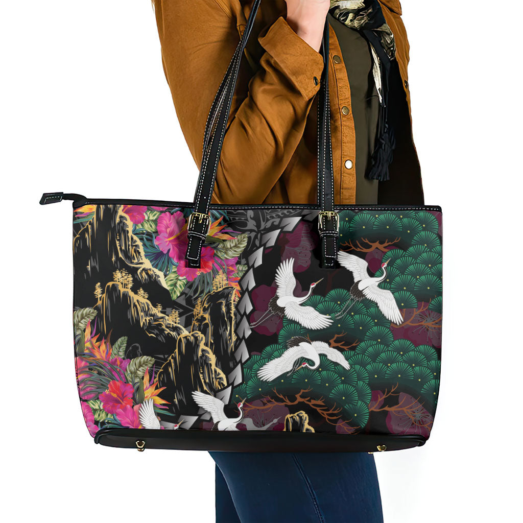 Hawaiian and Japanese Culture Leather Tote Bag Crane Sakura Hibiscus Tropical Vibes