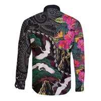 Hawaiian and Japanese Culture Long Sleeve Button Shirt Crane Sakura Hibiscus Tropical Vibes