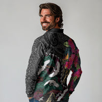Hawaiian and Japanese Culture Long Sleeve Polo Shirt Crane Sakura Hibiscus Tropical Vibes