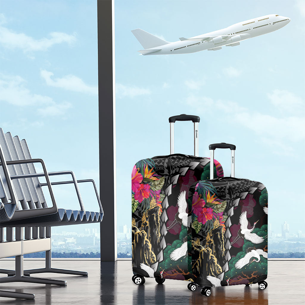 Hawaiian and Japanese Culture Luggage Cover Crane Sakura Hibiscus Tropical Vibes