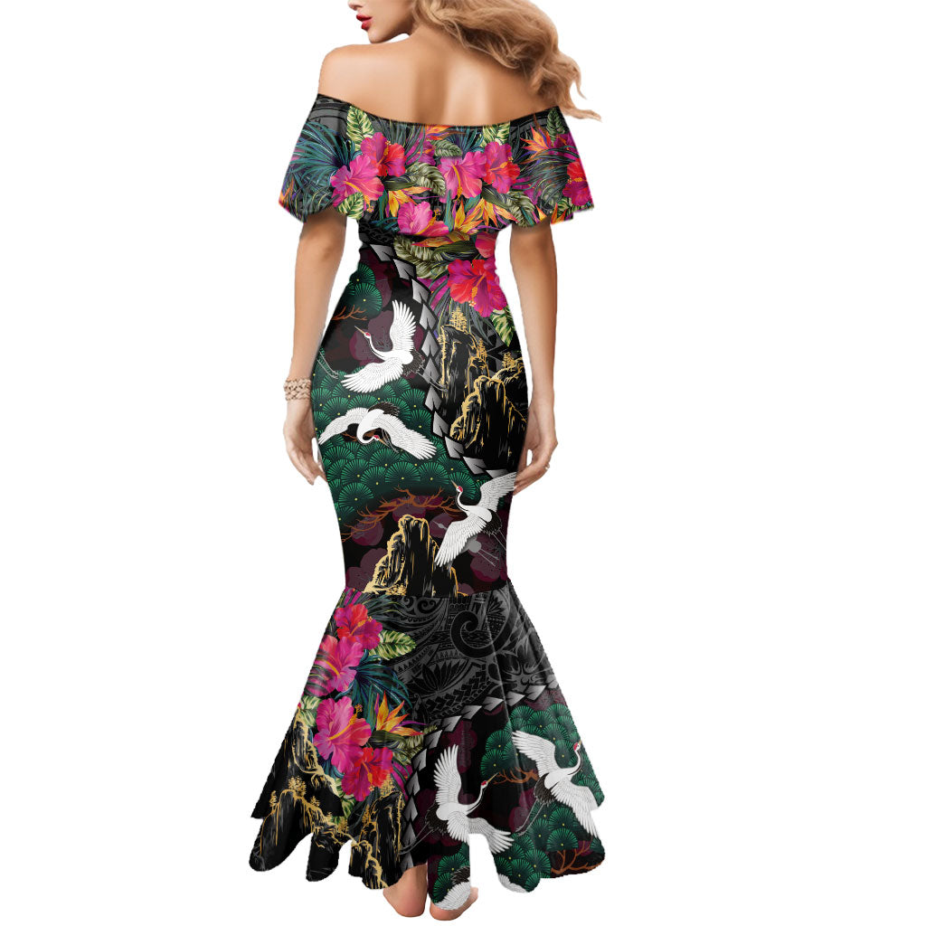 Hawaiian and Japanese Culture Mermaid Dress Crane Sakura Hibiscus Tropical Vibes