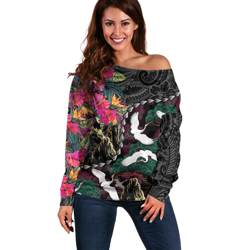 Hawaiian and Japanese Culture Off Shoulder Sweater Crane Sakura Hibiscus Tropical Vibes