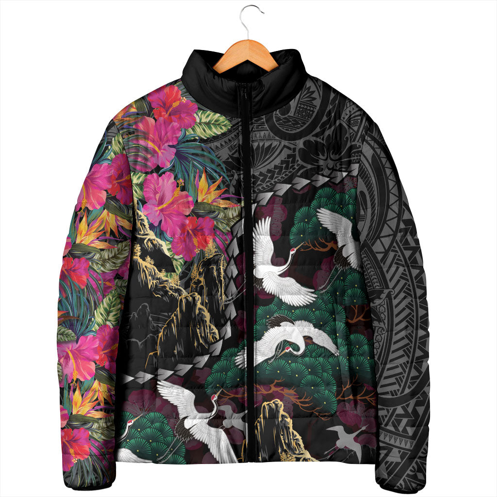 Hawaiian and Japanese Culture Padded Jacket Crane Sakura Hibiscus Tropical Vibes