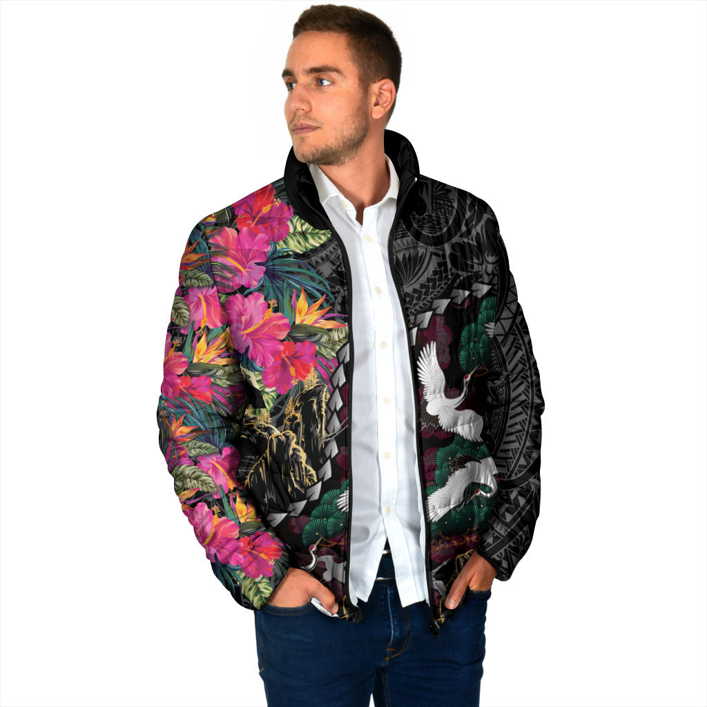 Hawaiian and Japanese Culture Padded Jacket Crane Sakura Hibiscus Tropical Vibes