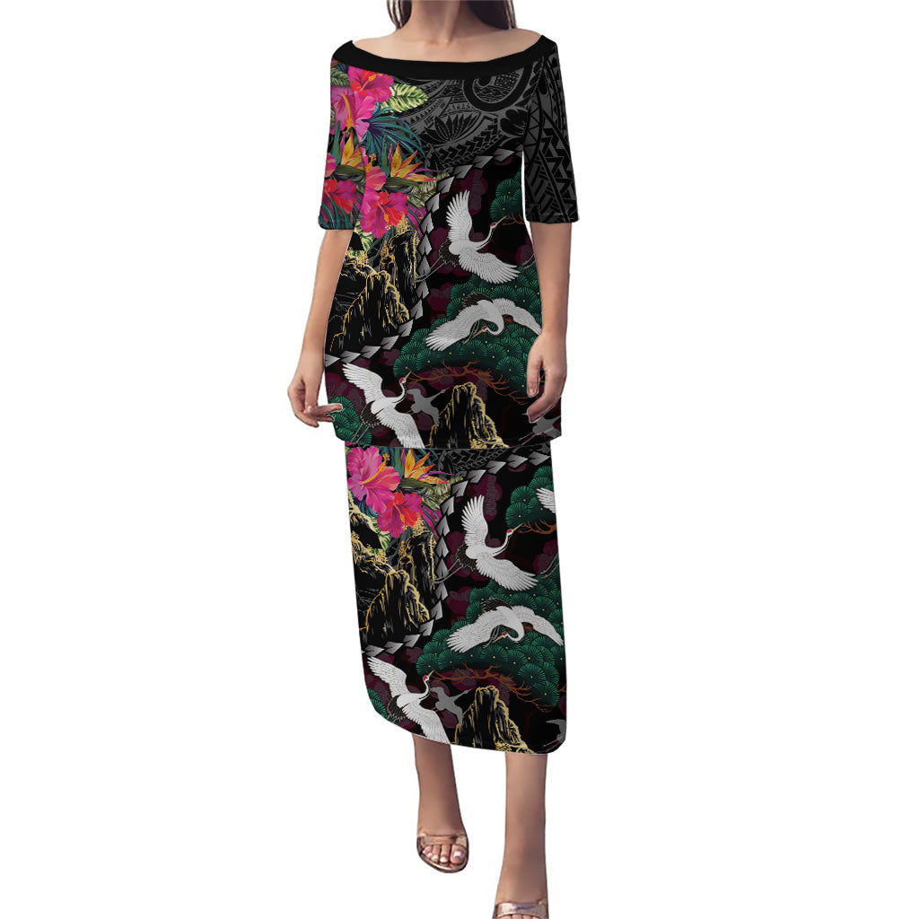 Hawaiian and Japanese Culture Puletasi Crane Sakura Hibiscus Tropical Vibes