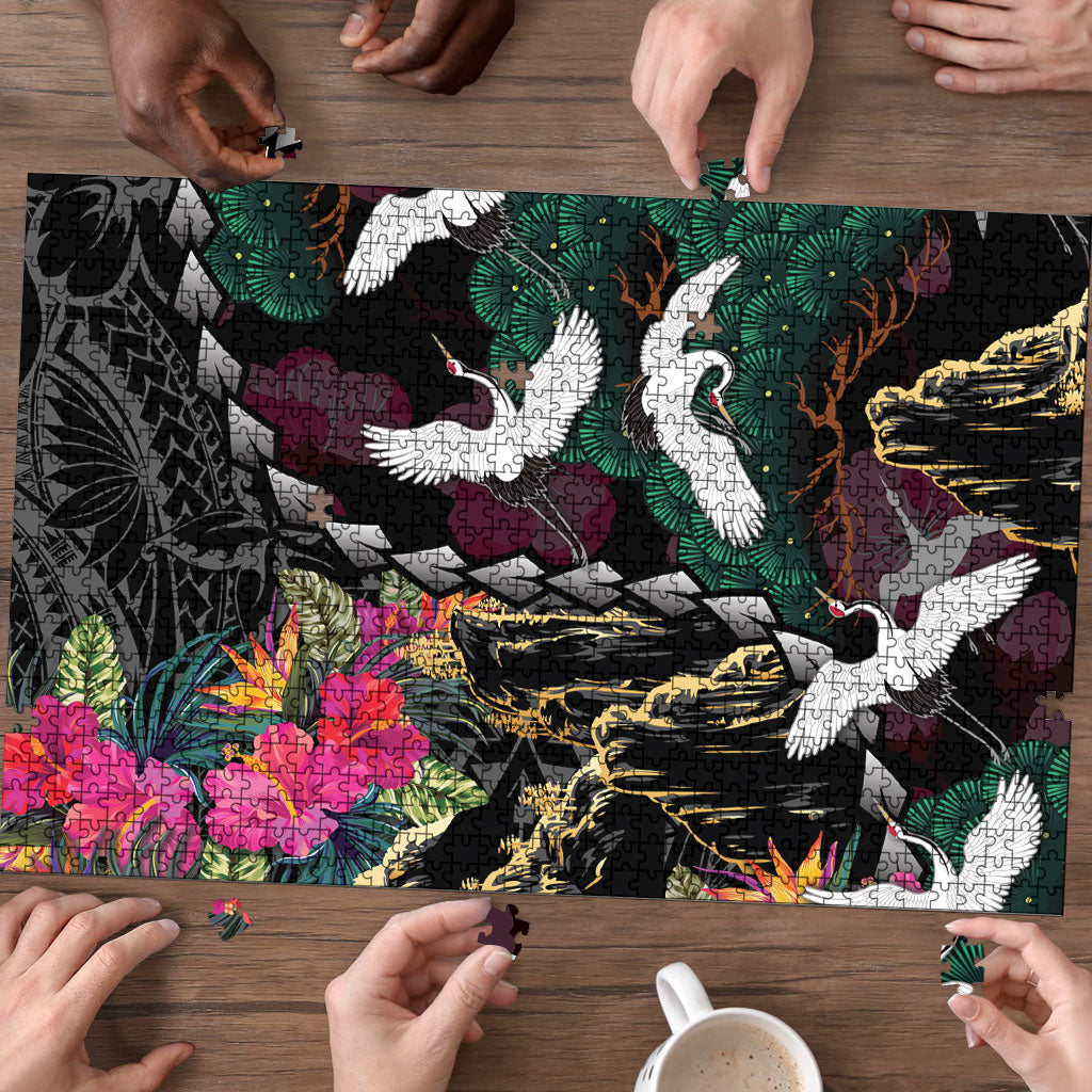 Hawaiian and Japanese Culture Puzzle Crane Sakura Hibiscus Tropical Vibes