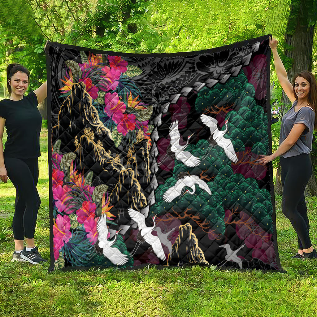 Hawaiian and Japanese Culture Quilt Crane Sakura Hibiscus Tropical Vibes