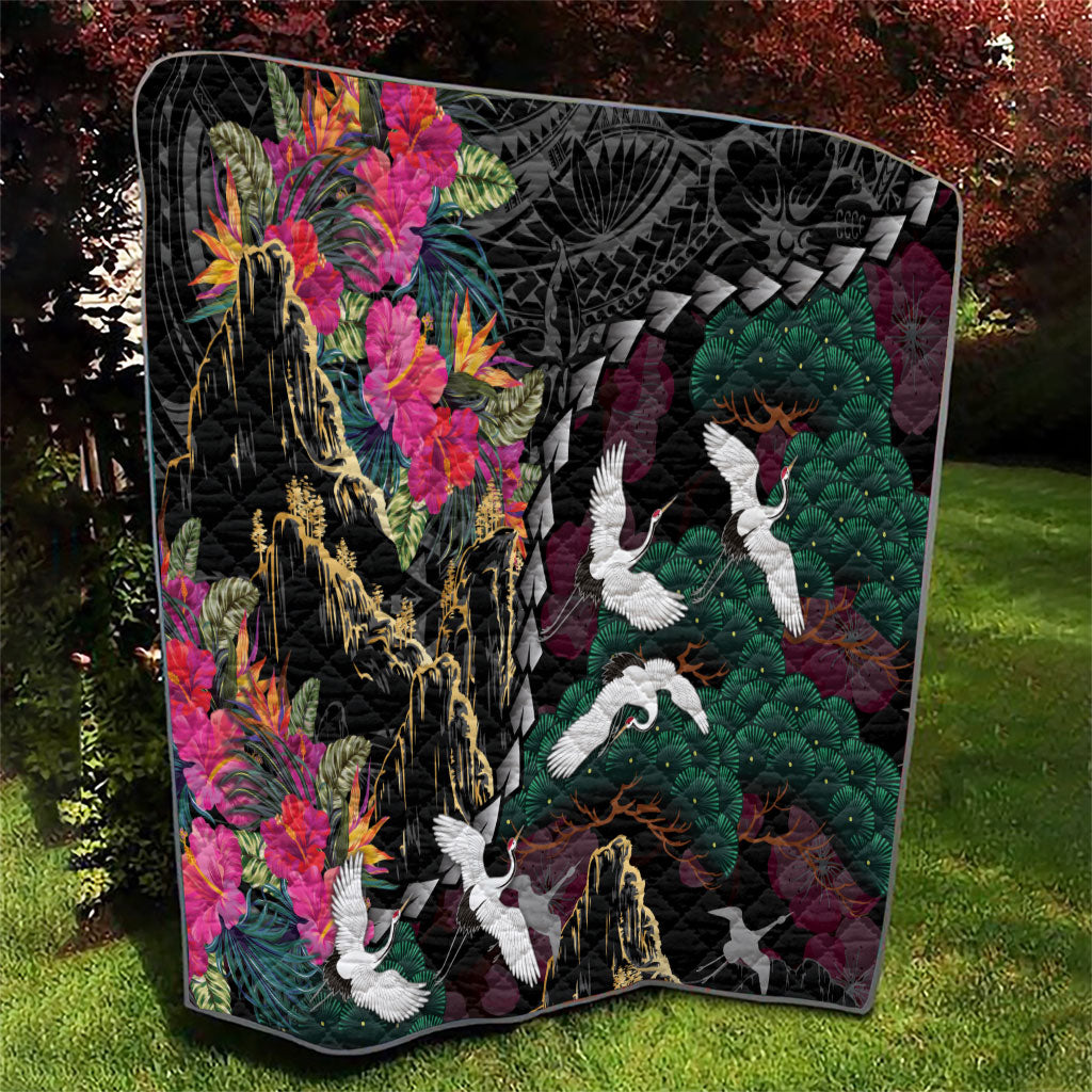 Hawaiian and Japanese Culture Quilt Crane Sakura Hibiscus Tropical Vibes