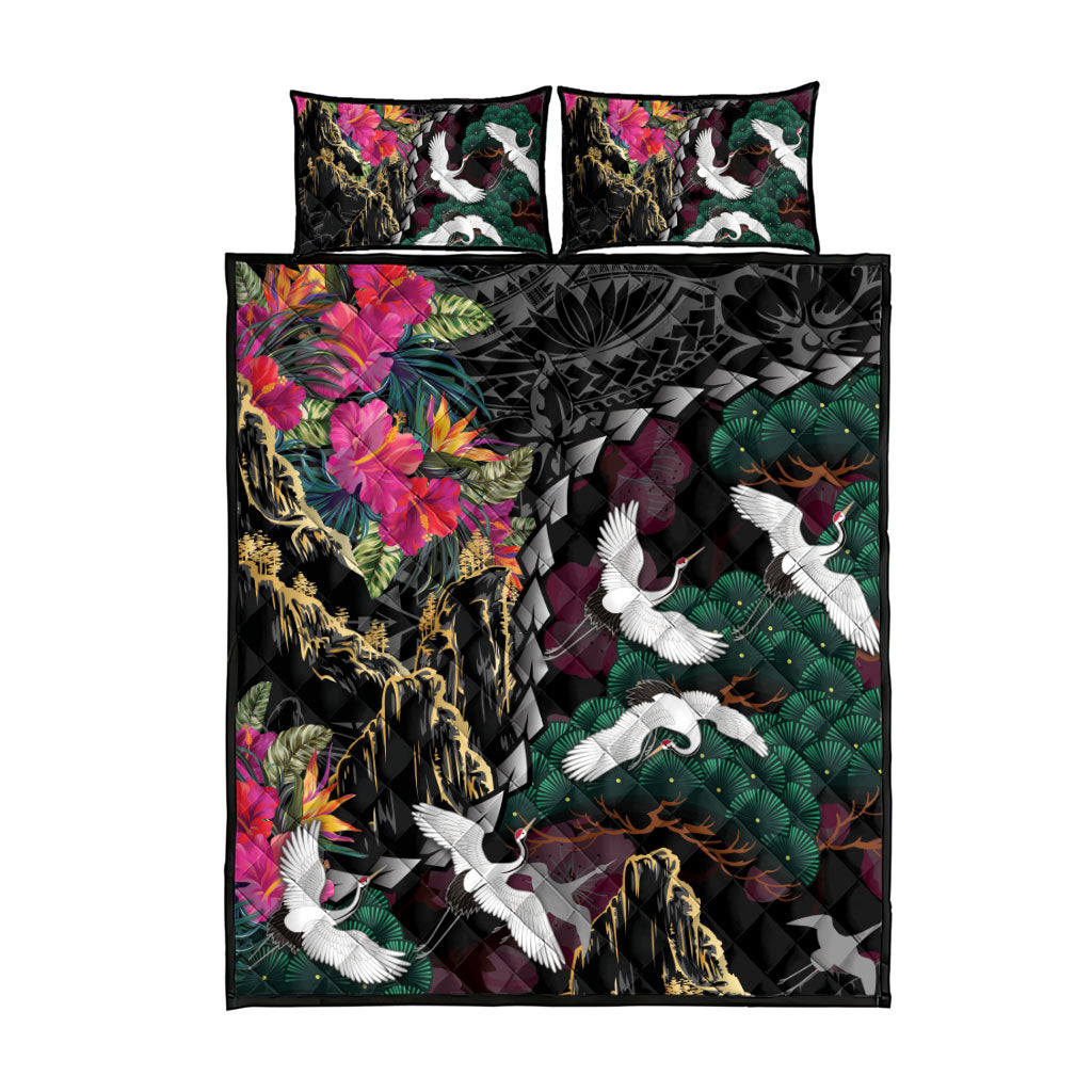 Hawaiian and Japanese Culture Quilt Bed Set Crane Sakura Hibiscus Tropical Vibes