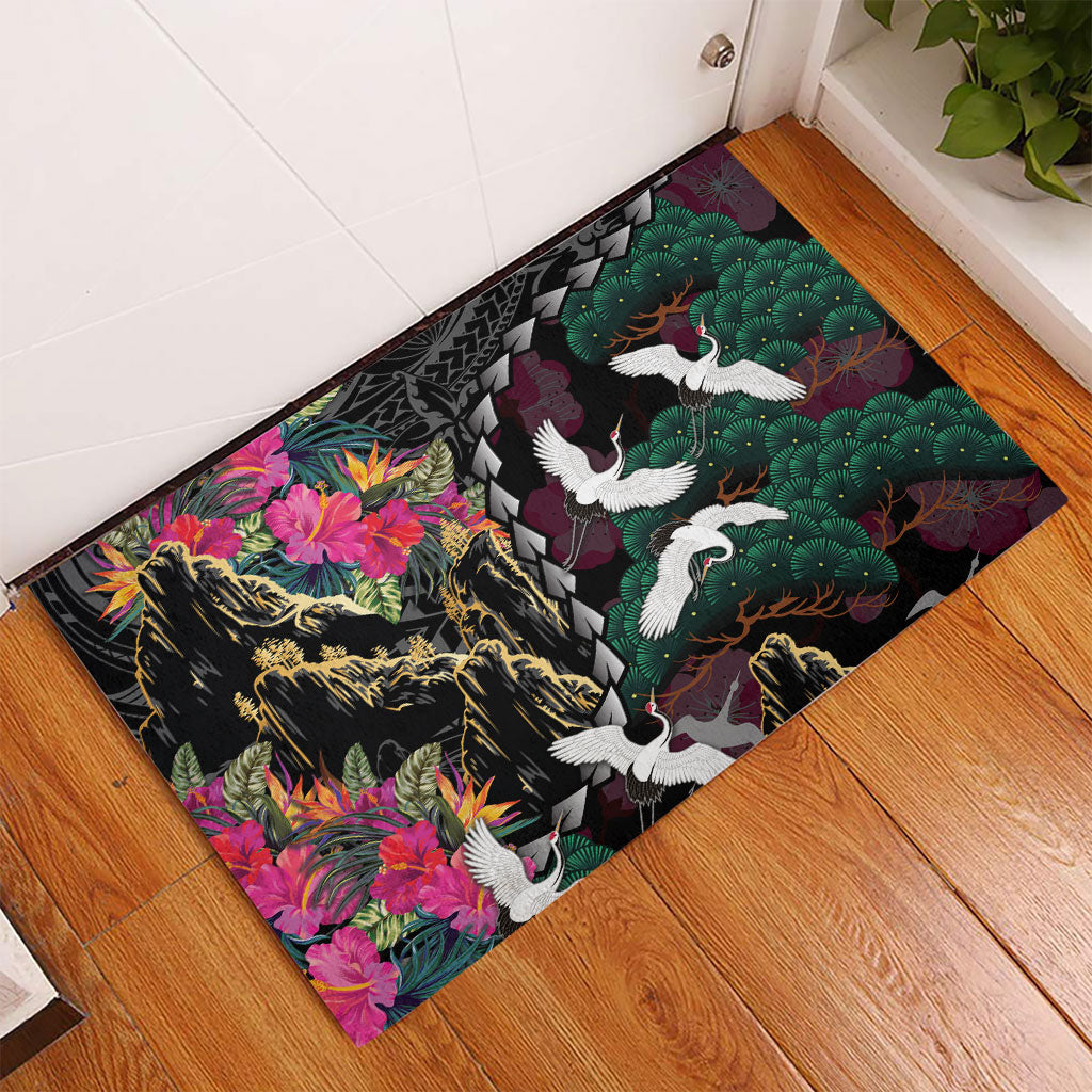 Hawaiian and Japanese Culture Rubber Doormat Crane Sakura Hibiscus Tropical Vibes