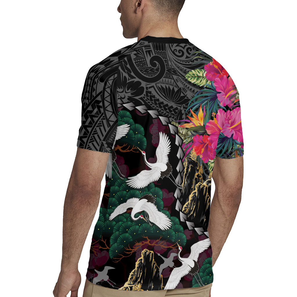 Hawaiian and Japanese Culture Rugby Jersey Crane Sakura Hibiscus Tropical Vibes