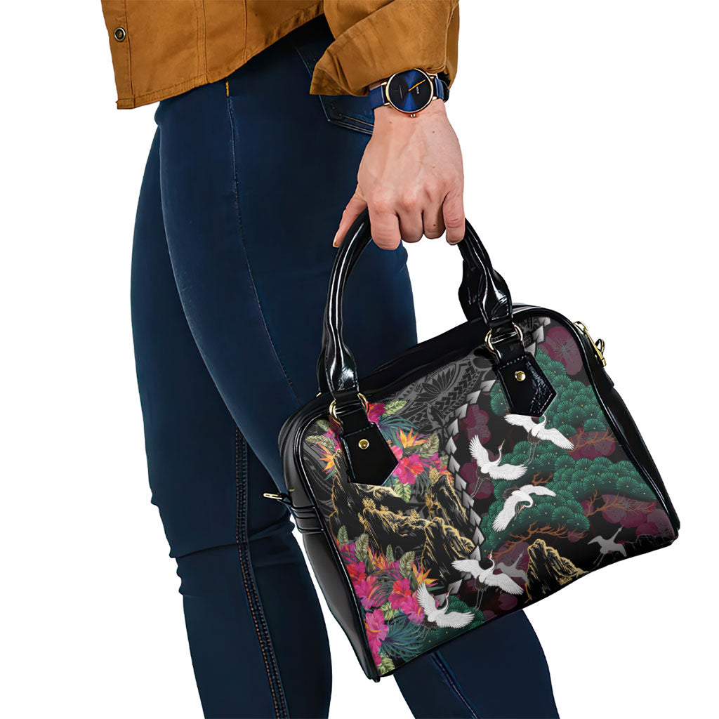 Hawaiian and Japanese Culture Shoulder Handbag Crane Sakura Hibiscus Tropical Vibes