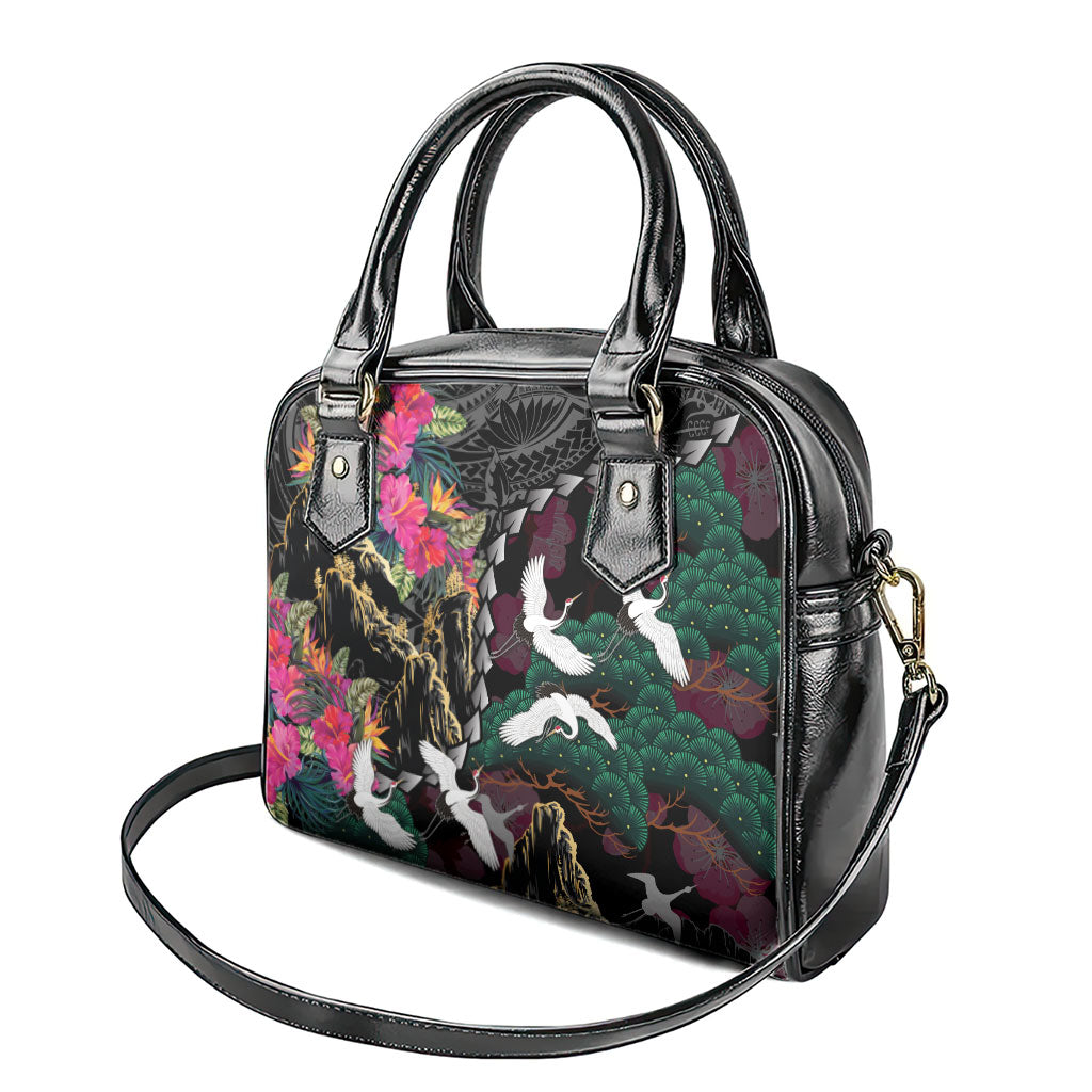 Hawaiian and Japanese Culture Shoulder Handbag Crane Sakura Hibiscus Tropical Vibes
