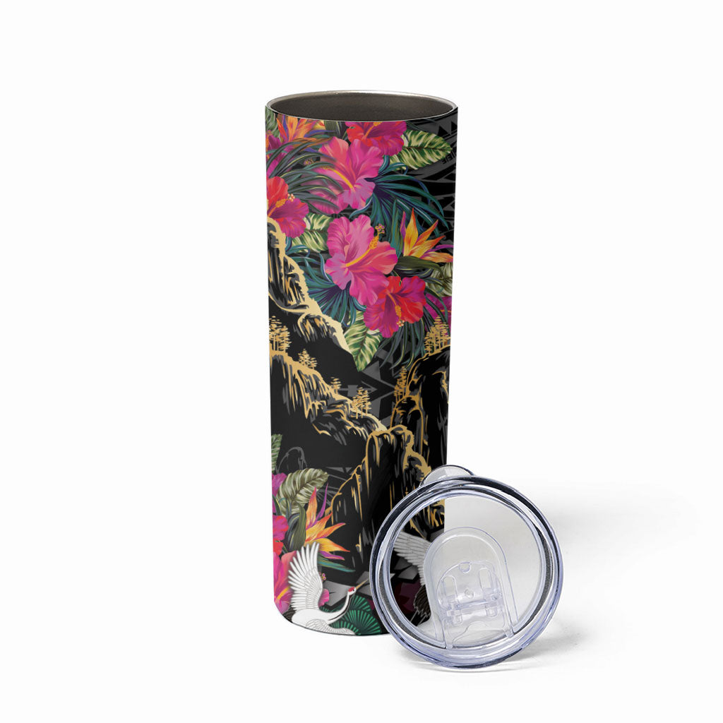 Hawaiian and Japanese Culture Skinny Tumbler Crane Sakura Hibiscus Tropical Vibes