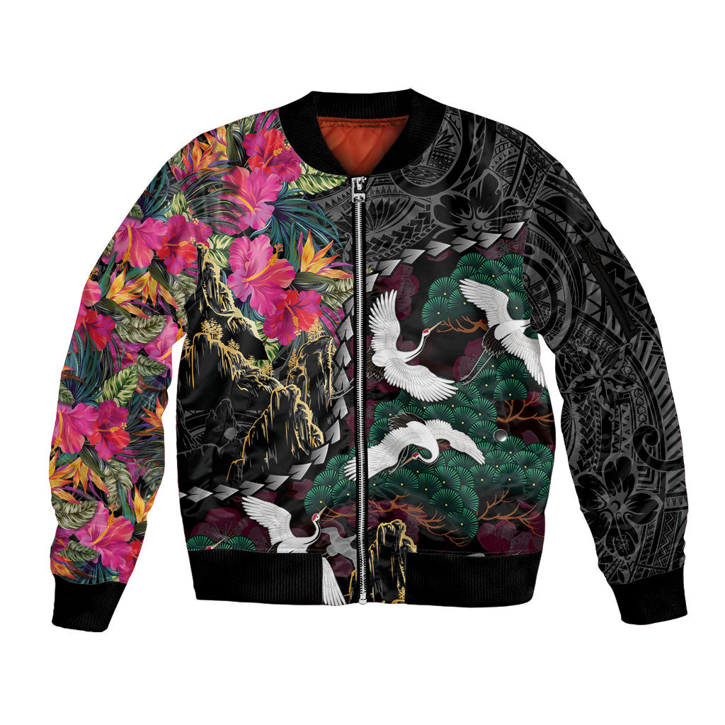 Hawaiian and Japanese Culture Sleeve Zip Bomber Jacket Crane Sakura Hibiscus Tropical Vibes
