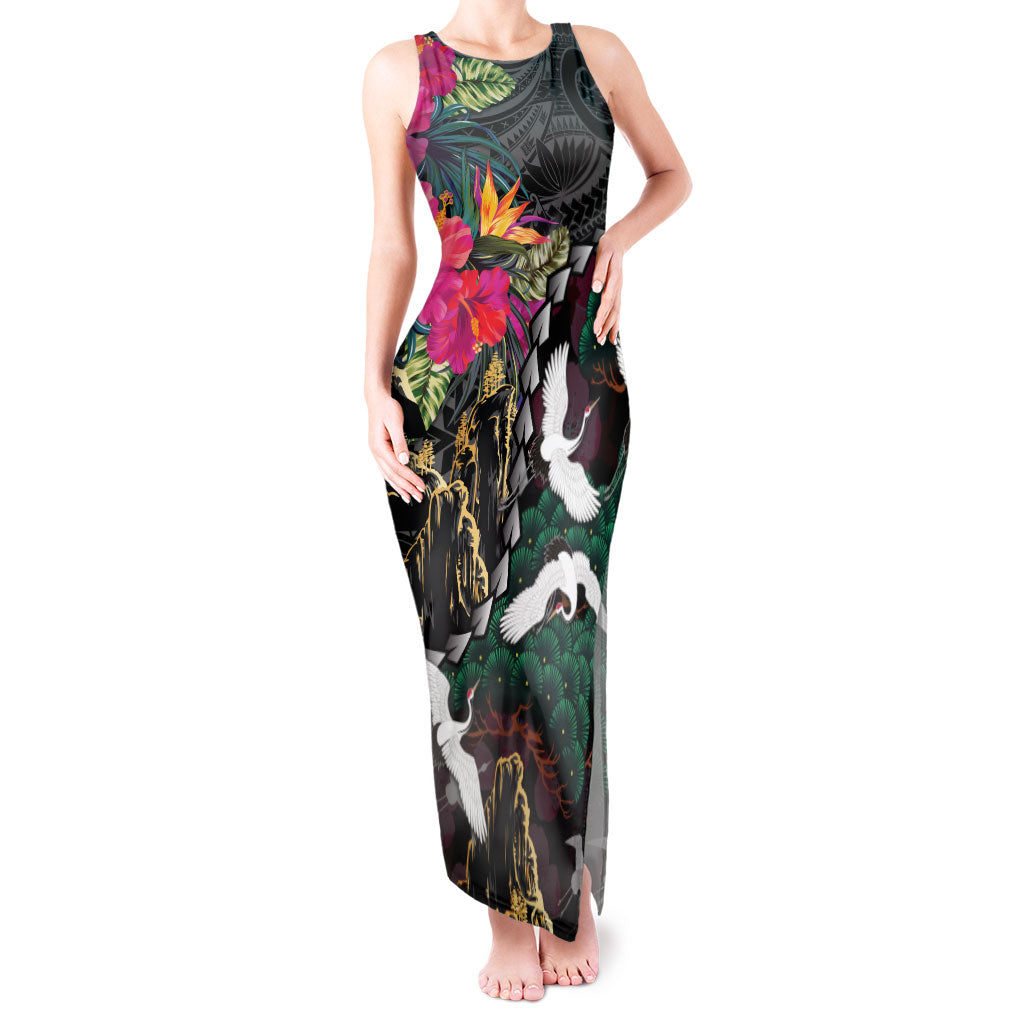 Hawaiian and Japanese Culture Tank Maxi Dress Crane Sakura Hibiscus Tropical Vibes