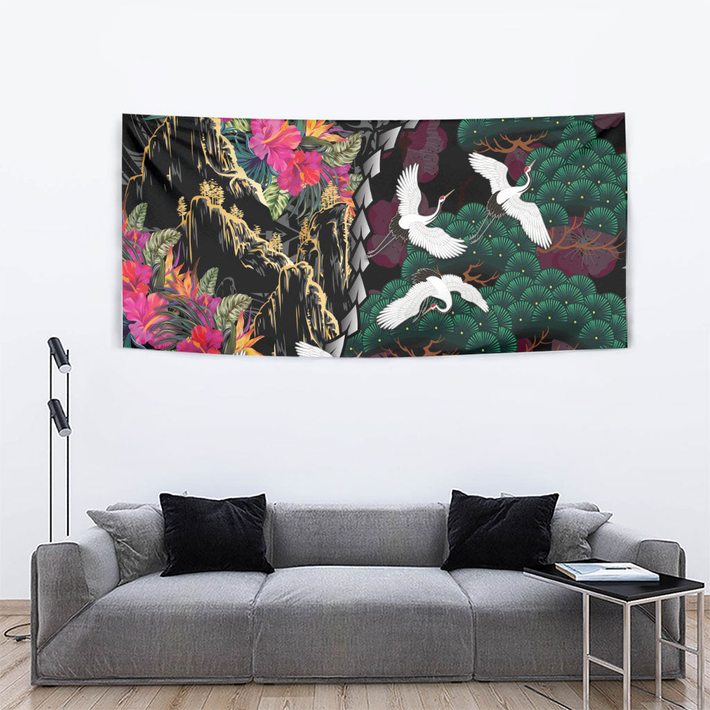Hawaiian and Japanese Culture Tapestry Crane Sakura Hibiscus Tropical Vibes
