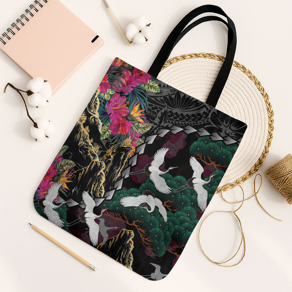 Hawaiian and Japanese Culture Tote Bag Crane Sakura Hibiscus Tropical Vibes