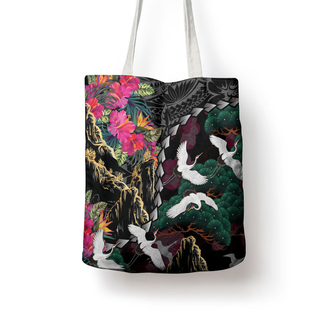 Hawaiian and Japanese Culture Tote Bag Crane Sakura Hibiscus Tropical Vibes