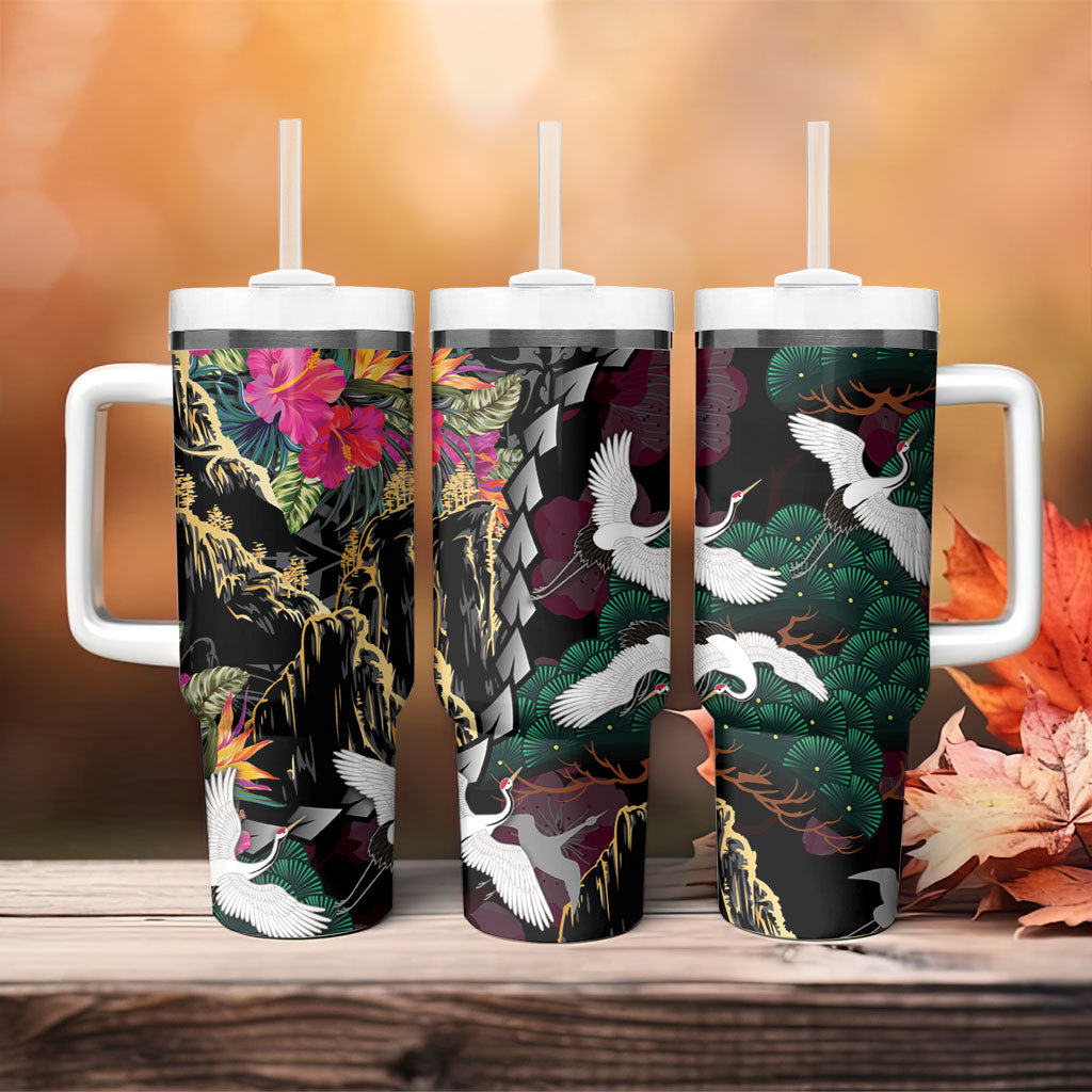 Hawaiian and Japanese Culture Tumbler With Handle Crane Sakura Hibiscus Tropical Vibes