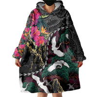 Hawaiian and Japanese Culture Wearable Blanket Hoodie Crane Sakura Hibiscus Tropical Vibes