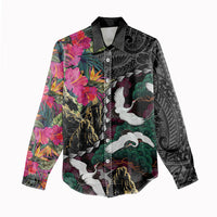 Hawaiian and Japanese Culture Women Casual Shirt Crane Sakura Hibiscus Tropical Vibes