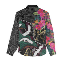 Hawaiian and Japanese Culture Women Casual Shirt Crane Sakura Hibiscus Tropical Vibes