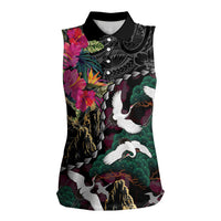 Hawaiian and Japanese Culture Women Sleeveless Polo Shirt Crane Sakura Hibiscus Tropical Vibes