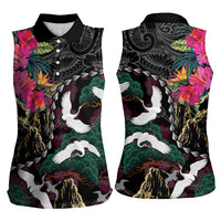 Hawaiian and Japanese Culture Women Sleeveless Polo Shirt Crane Sakura Hibiscus Tropical Vibes