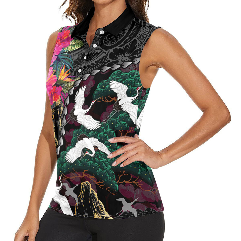 Hawaiian and Japanese Culture Women Sleeveless Polo Shirt Crane Sakura Hibiscus Tropical Vibes