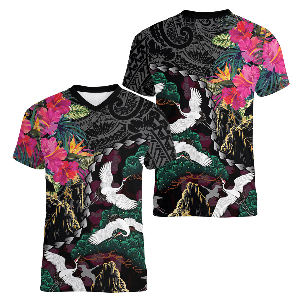 Hawaiian and Japanese Culture Women V-Neck T-Shirt Crane Sakura Hibiscus Tropical Vibes