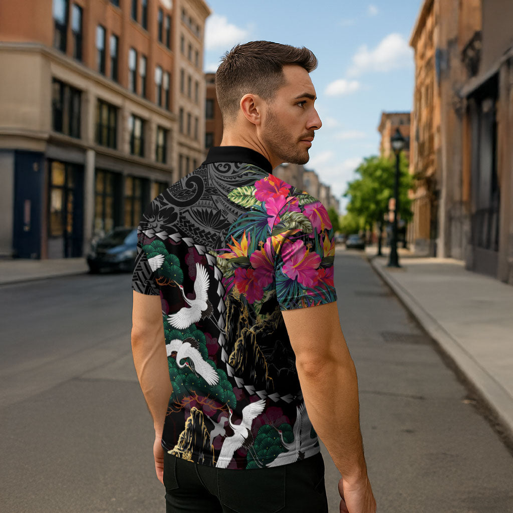 Hawaiian and Japanese Culture Zipper Polo Shirt Crane Sakura Hibiscus Tropical Vibes